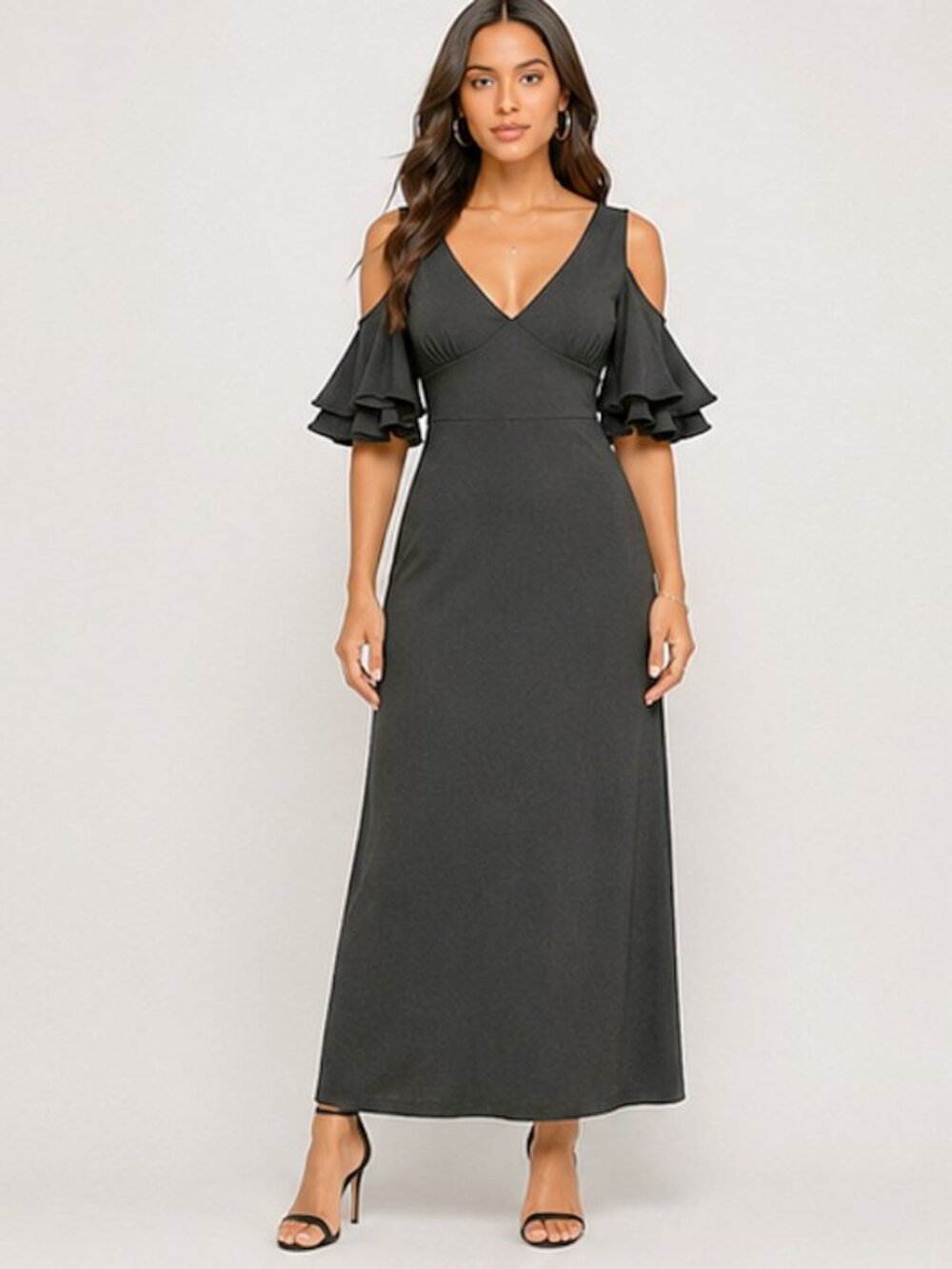 Women's V-Neck Flounce Sleeves Sultry Cold Shoulder Maxi Dress